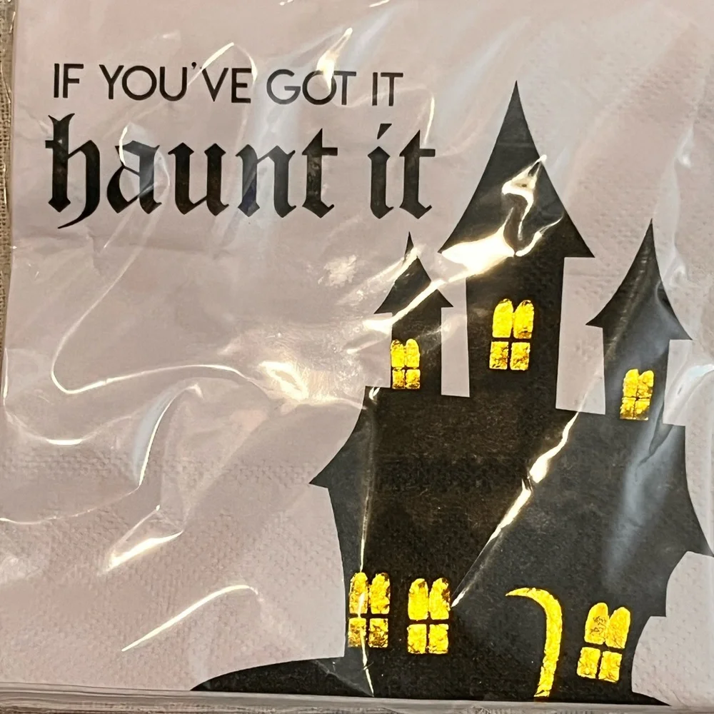 Hand-Painted Pink Ghost Mug and Haunted House Napkins Set